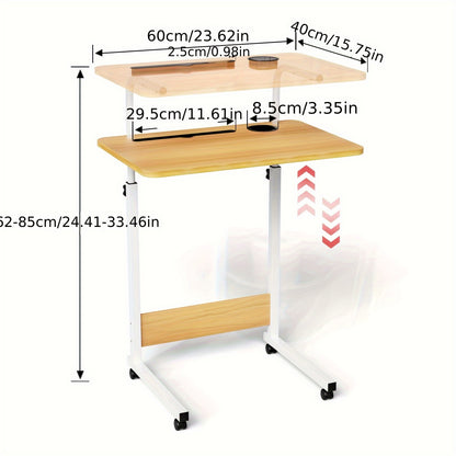Verstelbaar Klein Bureau op Wieltjes – Laptop- en Computer Tafel 60x40 cm – Multifunctioneel Bijzettafeltje voor Bed, Woonkamer of Kantoor, Bruin