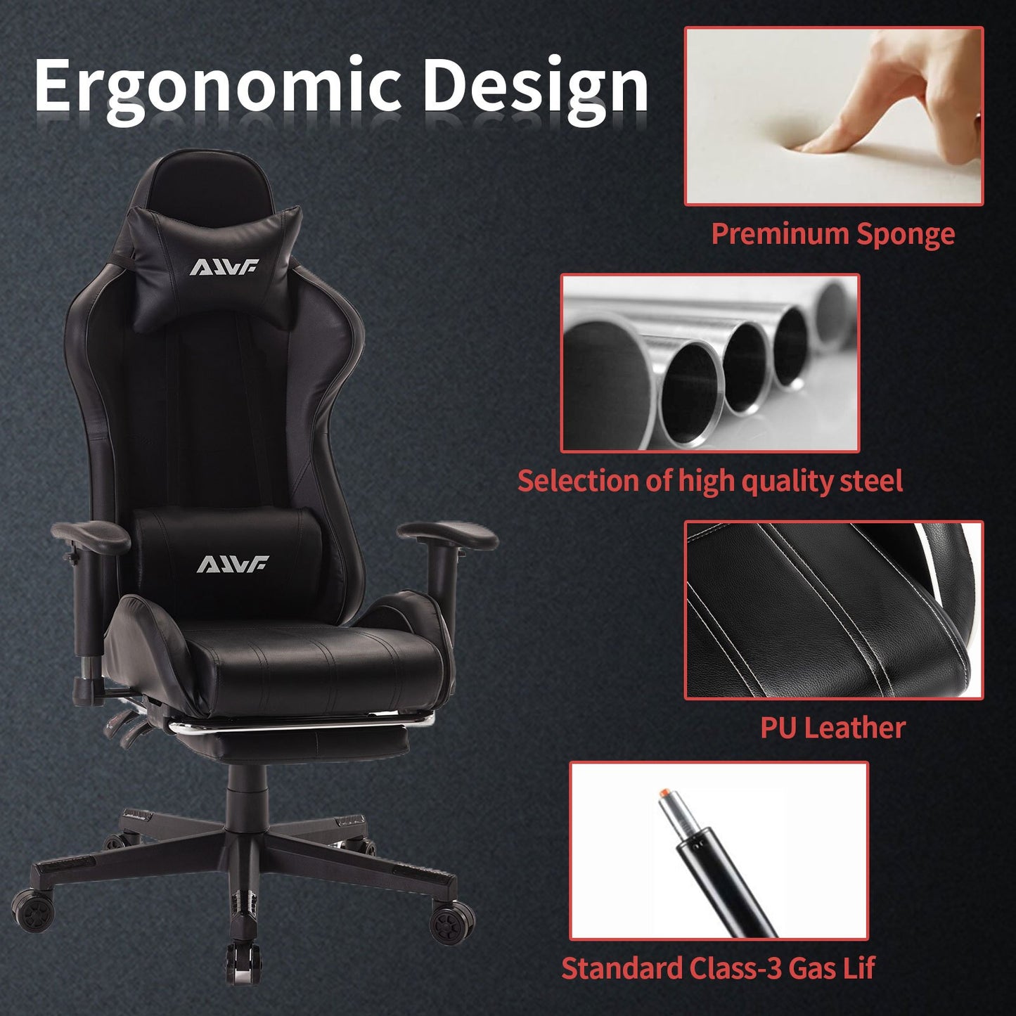 Game stoel – Gamingstoel – Racestoel – Bureaustoel – Fauteuil – Ergonomische Lendensteun – Verstelbare Voetensteun – Zwart Kunstleer – Memory Foam