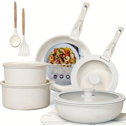 Keramische Pannenset – Kookpannenset – Koekenpannen – Non-stick Pannen – Kookgerei Set – 17-delig – Afneembare Handgrepen – Geschikt Voor Oven & Vaatwasser