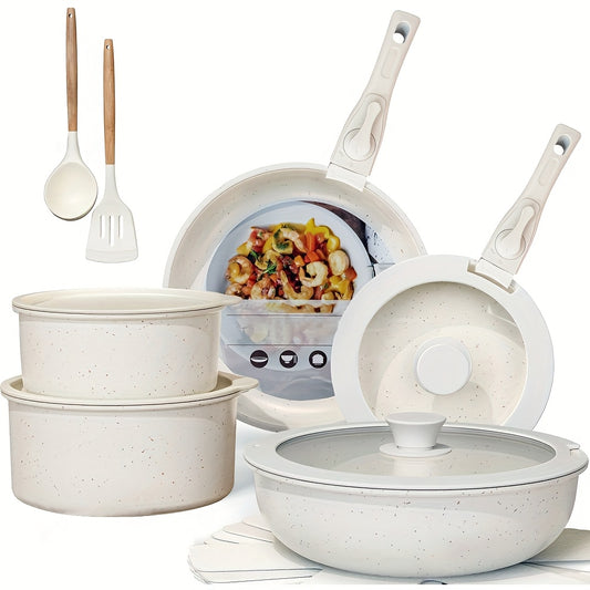 Keramische Pannenset – Kookpannenset – Koekenpannen – Non-stick Pannen – Kookgerei Set – 17-delig – Afneembare Handgrepen – Geschikt Voor Oven & Vaatwasser