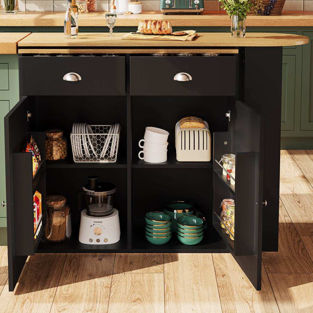 360° Rotating Modern Storage Island with 2 Drawers, 2 Doors & Open Shelves - Multi-Functional Black Cabinet with Spacious Countertop, Space-Saving Design for Kitchen, Living Room, Bedroom - Durable Metal Construction, Floor-