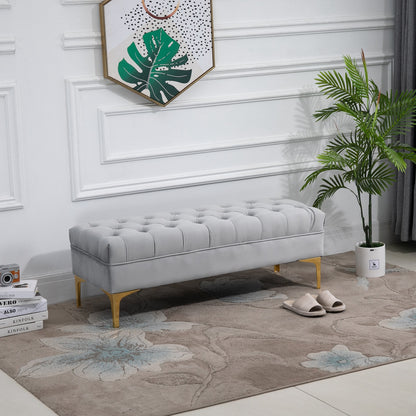 Poef – Opbergpoef – Zitzak – Voetenbankje – Kruk – Fluwelen Bekleding – Lichtgrijs – Met Opbergruimte – Verhoogde Metalen Poten – 118x45x42 cm