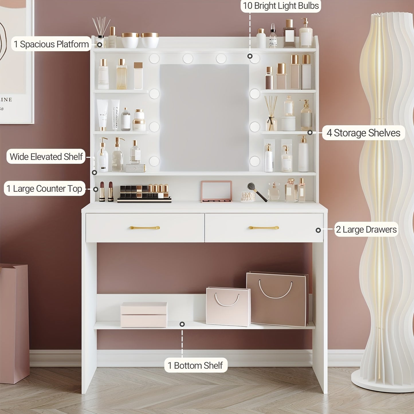 Make-uptafel – Kaptafel – Schminktisch – Visagiekast – Make-up Bureau – Wit Met Gouden Accenten – Verstelbare Verlichting – 100x40x149 cm