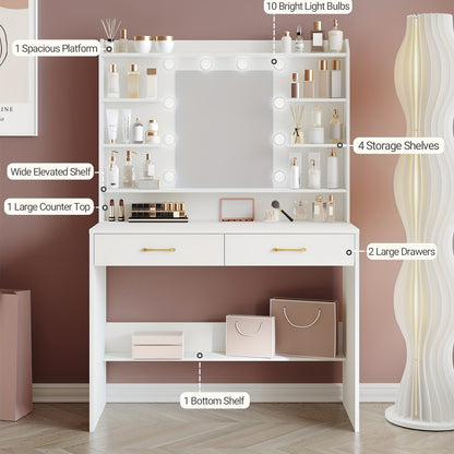 Make-uptafel – Kaptafel – Schminktisch – Visagiekast – Make-up Bureau – Wit Met Gouden Accenten – Verstelbare Verlichting – 100x40x149 cm