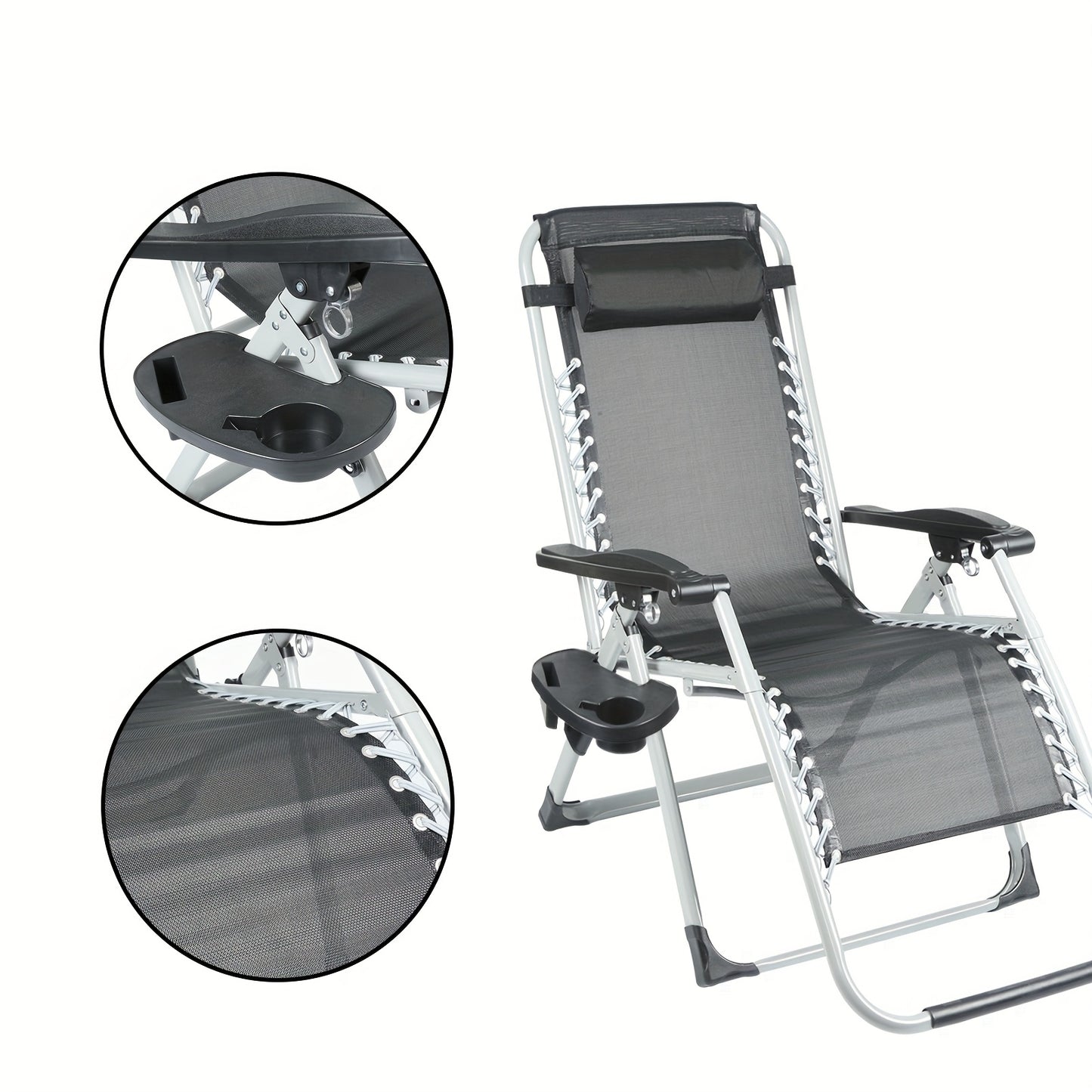 Foldable Space Saving Lounge Chair With Headrest & Side Tray - Oxford Fabric, 60x87x110cm For Patio, Garden, Balcony