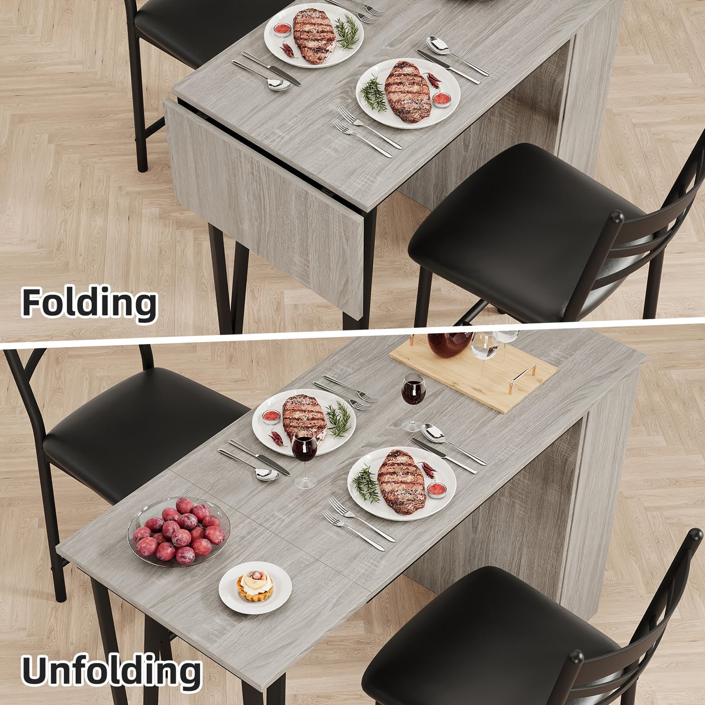 3-delige Bar Tafel Set – Bartafel Set – Barmeubel – Bistrotafel – Eettafel Compact – Opklapbaar Tafelblad – Met Opbergruimte – Grijs – Ruimtebesparend – Stevig Houten Ontwerp