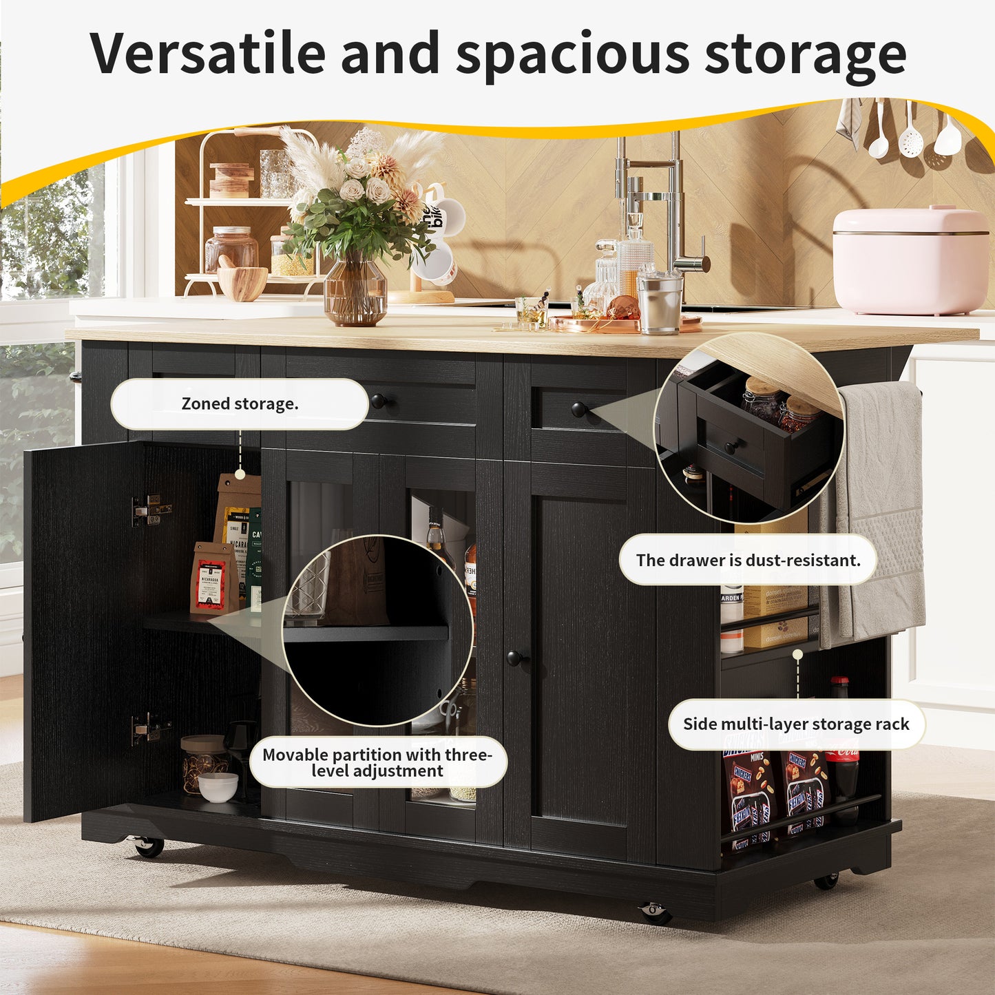 Keukentrolley – Keukenwagen – Keukenmeubel – Werkstation – Serveerwagen – Uitklapbaar Werkblad – Houtlook MDF – 106×50/78×90,5 cm – Zwart