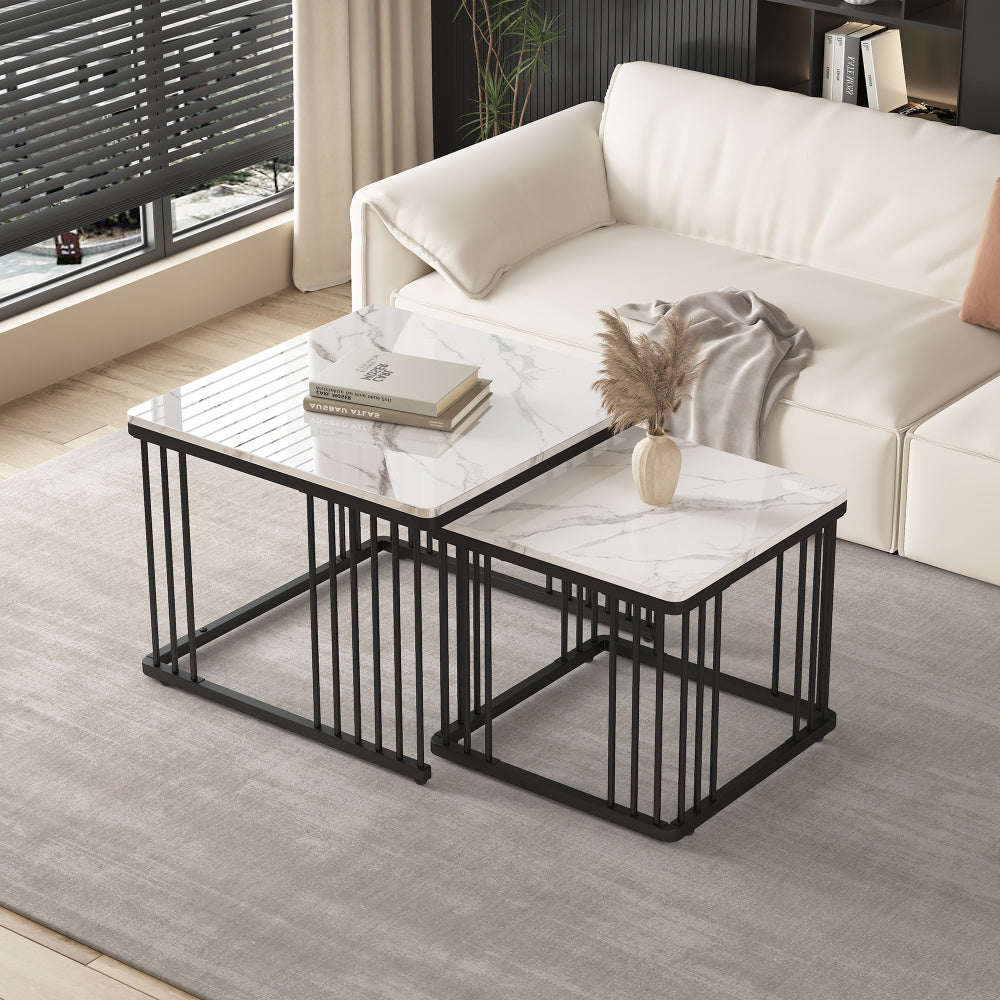 Salontafelset – Woonkamertafel – Bijzettafel – Tafeltje – Salontafels – Wit Marmerlook – Hoogglans MDF – Verstelbare Pootjes – Draagvermogen 30 kg