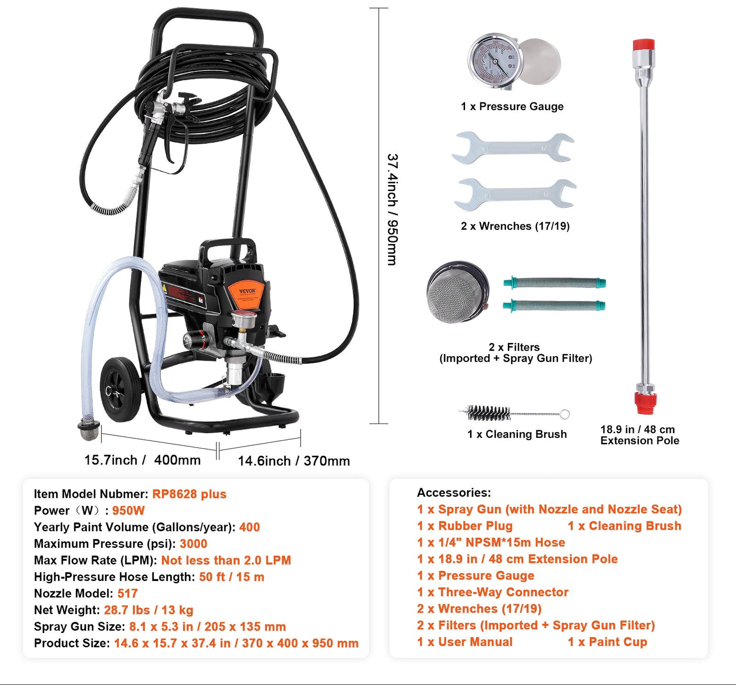 Verfspuit – Spuitpistool – Verfpistool – Verfspuitsysteem – Airless Spuit – 950W Vermogen – 3000 PSI Hoge Druk