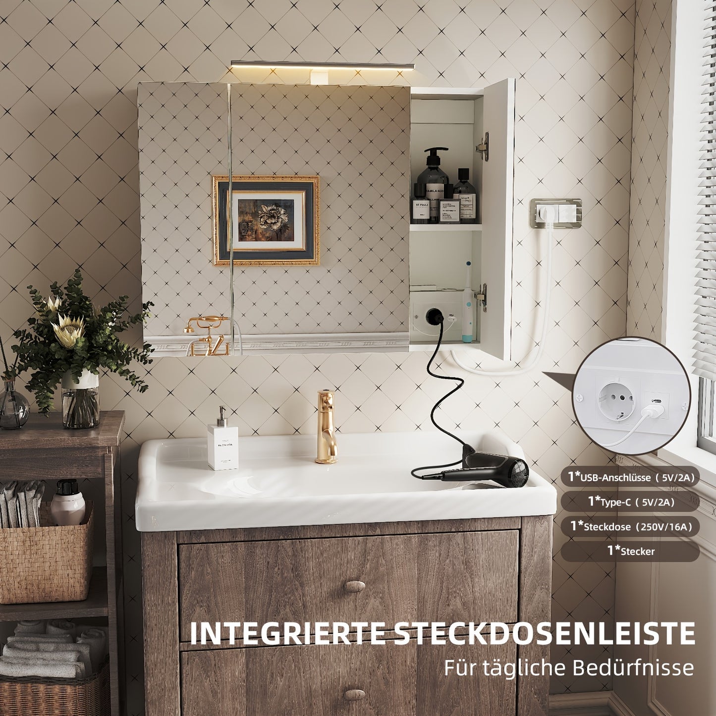 Spiegelkast – Badkamerkast – Medicijnkast – Opbergkast – Wandkast – LED-Verlichting – USB-Aangedreven – 3 Deuren – Duurzaam Wit