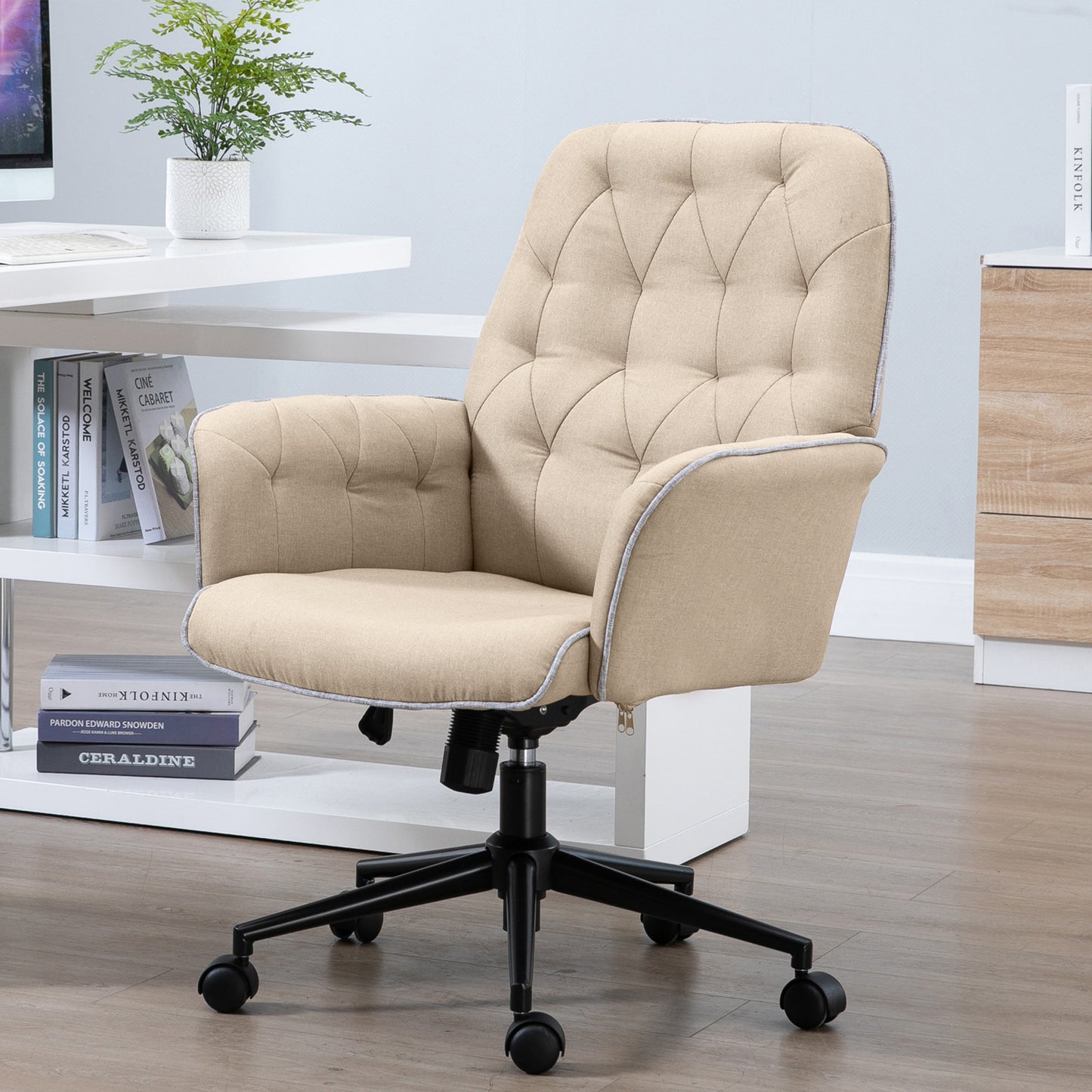 Bureaustoel – Office Chair – Kantoorstoel – Draaistoel – Bureaustoel – Verstelbare Hoogte – Kantelfunctie – Linnenstof – 360° Wieltjes – Beige – 66 x 69 x 89,5-97 cm
