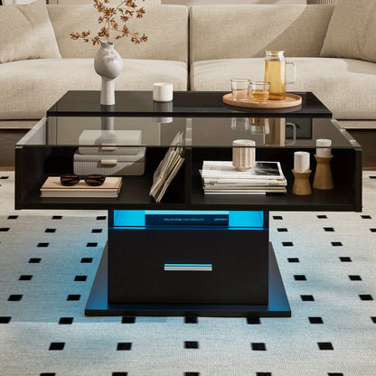 Verstelbare Salontafel – Multifunctionele Tafel – Lift-Top Tafel – Opberg Salontafel – Compacte Salontafel – Zwart Hoogglans – Duurzaam Spaanplaat – Ruimtebesparend Design