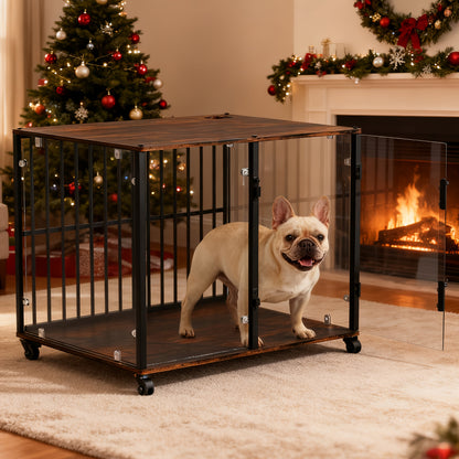 Bingopaw Dog Crate Furniture, 73cm Tempered Glass Dog Crate, Modern Indoor Dog Crate, Suitable for Small/Medium/Large Dogs Weighing No More Than 80kg, Side Table, Home Dog Crate, 77x 60 x 65cm, with 4 Brake Wheels, 360° No B