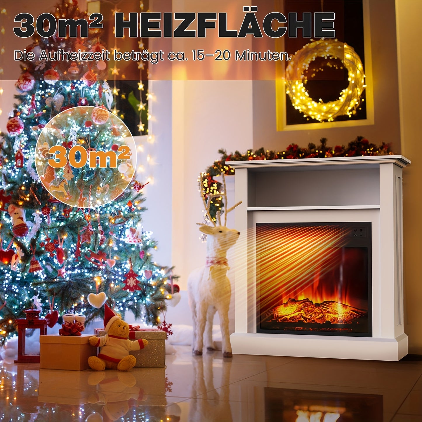 Elektrische Haard – Vrijstaande Haard – Sfeerverwarmer – Vuurtafel – Haardmantel Wit – Realistische 3D Vlammen – Verwarming 2000W Met Timer & Oververhittingsbeveiliging