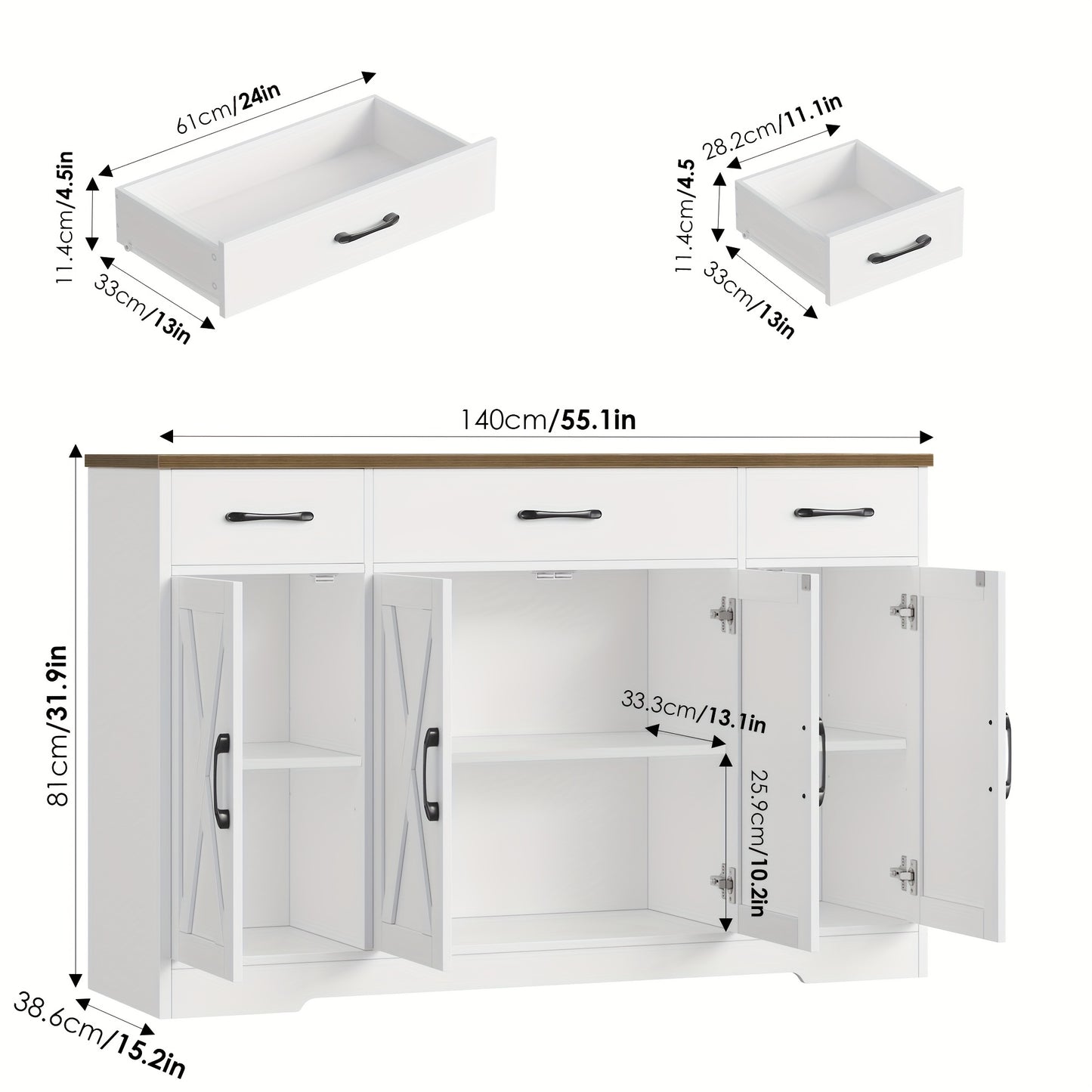Sideboard – Dressoir – Kast – Opbergkast – Buffetkast – Wit Met Bruin Hout – 140 cm Breed – Verstelbare Planken – Kantelbeveiliging