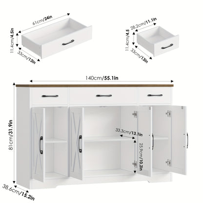 Sideboard – Dressoir – Kast – Opbergkast – Buffetkast – Wit Met Bruin Hout – 140 cm Breed – Verstelbare Planken – Kantelbeveiliging