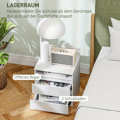 Nachtkastje – Bijzettafel – Bedside Table – Ladekast – Opbergkast – Set van 2 – Wit – 2 Lades en Open Plank – Compact 40x32x50 cm