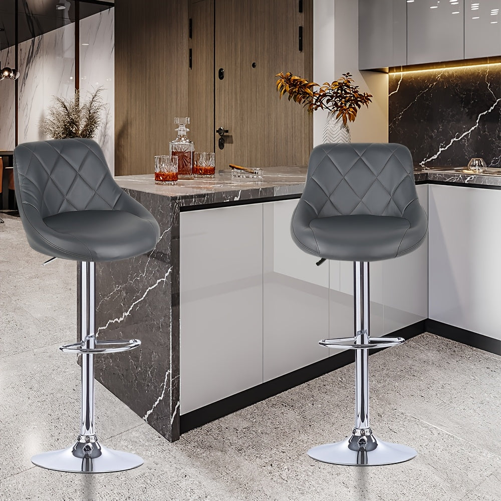 Barstoel – Barkruk – Barstoel Keuken – Barstoel Met Rugleuning – Barkruk Set Van 2 – Verstelbare Zithoogte – 360° Draaibaar – PU Leder – Met Voetsteun – Grijs – 46x32x85-105 cm