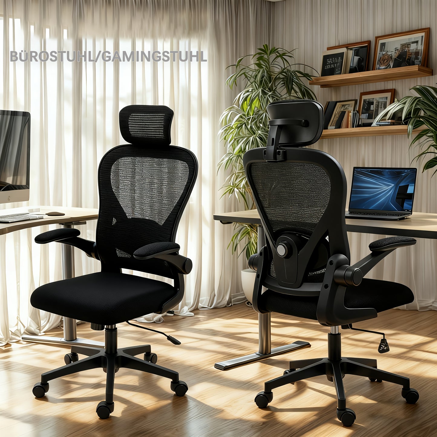 Ergonomic Office & Gaming Chair with Adjustable Lumbar Support, Breathable Mesh Backrest, Height-Adjustable Armrests (Foldable), 95°-110° Reclining Mechanism, Memory Foam Seat Cushion & Five-Wheel Base - Heavy-Duty Hardwood