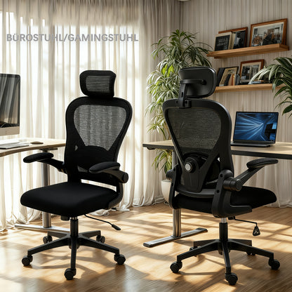 Ergonomic Office & Gaming Chair with Adjustable Lumbar Support, Breathable Mesh Backrest, Height-Adjustable Armrests (Foldable), 95°-110° Reclining Mechanism, Memory Foam Seat Cushion & Five-Wheel Base - Heavy-Duty Hardwood