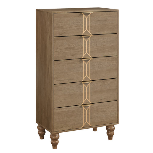 Hoge Houten Ladekast – Dressoir – Opbergkast – Commodes – Kast – Vintage Patroon Design – 5 Ruime Lades – Licht Houten Afwerking