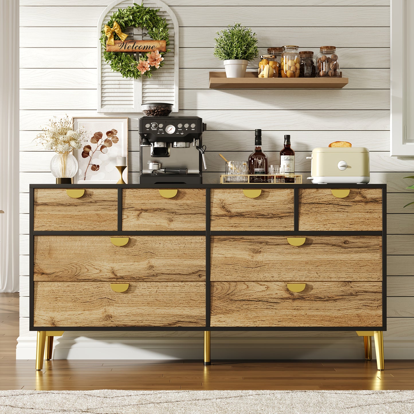 Dressoir – Buffetkast – Opbergkast – Sideboard – Commode – 8 Laden – Vrijstaand – Modern Design – Donkere Deuren – Gouden Poten – Zonder Elektriciteit – Ruime Opbergruimte