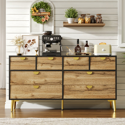 Dressoir – Buffetkast – Opbergkast – Sideboard – Commode – 8 Laden – Vrijstaand – Modern Design – Donkere Deuren – Gouden Poten – Zonder Elektriciteit – Ruime Opbergruimte