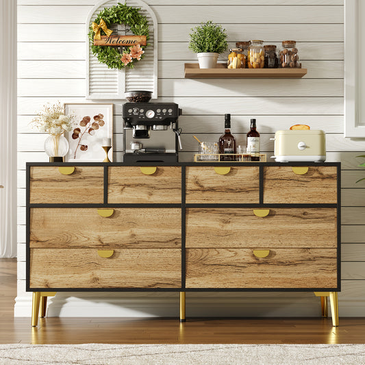 Dressoir – Buffetkast – Opbergkast – Sideboard – Commode – 8 Laden – Vrijstaand – Modern Design – Donkere Deuren – Gouden Poten – Zonder Elektriciteit – Ruime Opbergruimte