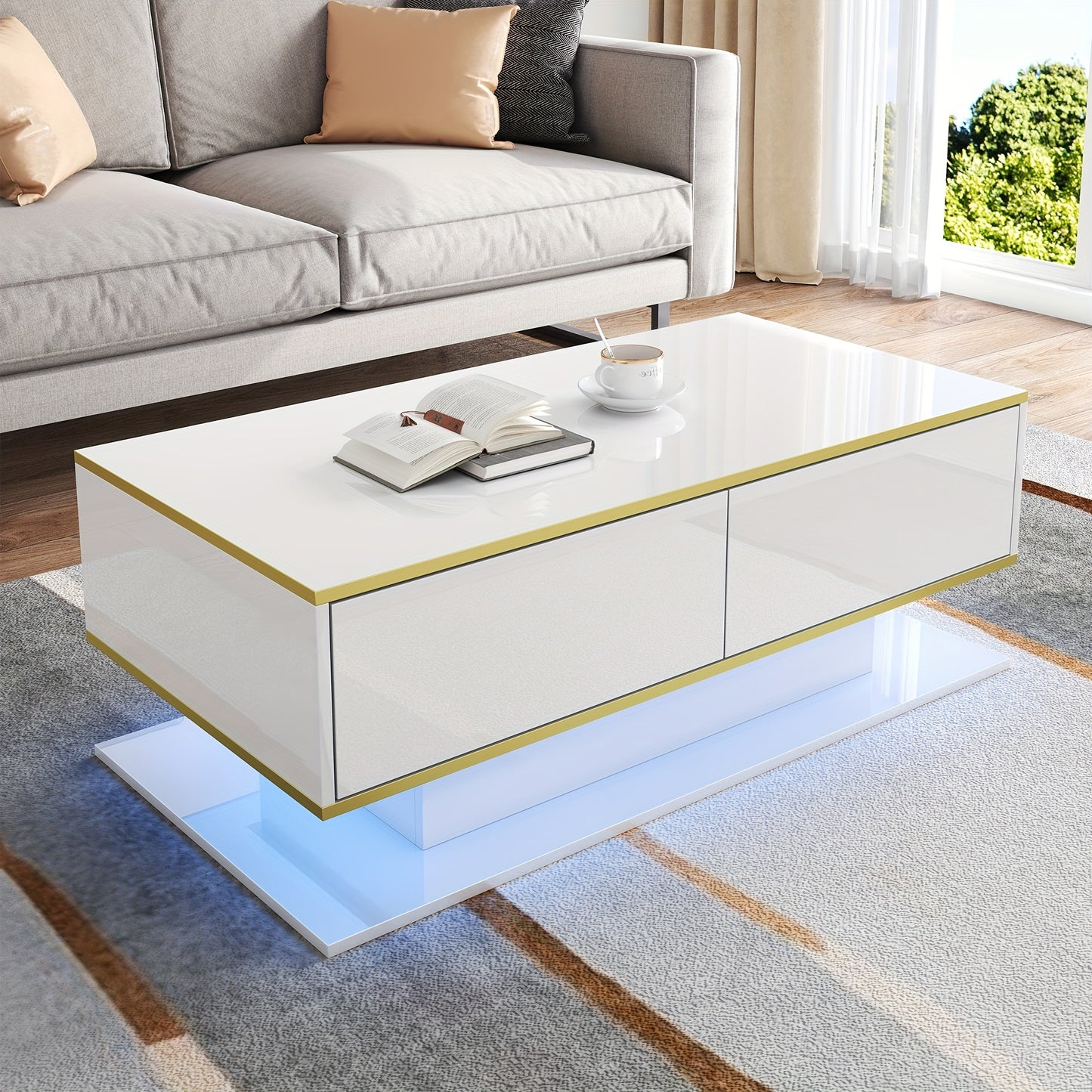 Salontafel – Woonkamertafel – Bijzettafel – Koffietafel – Tafeltje – Hoogglans Wit – Gouden Accenten – 3 Lades Met Open Vakken