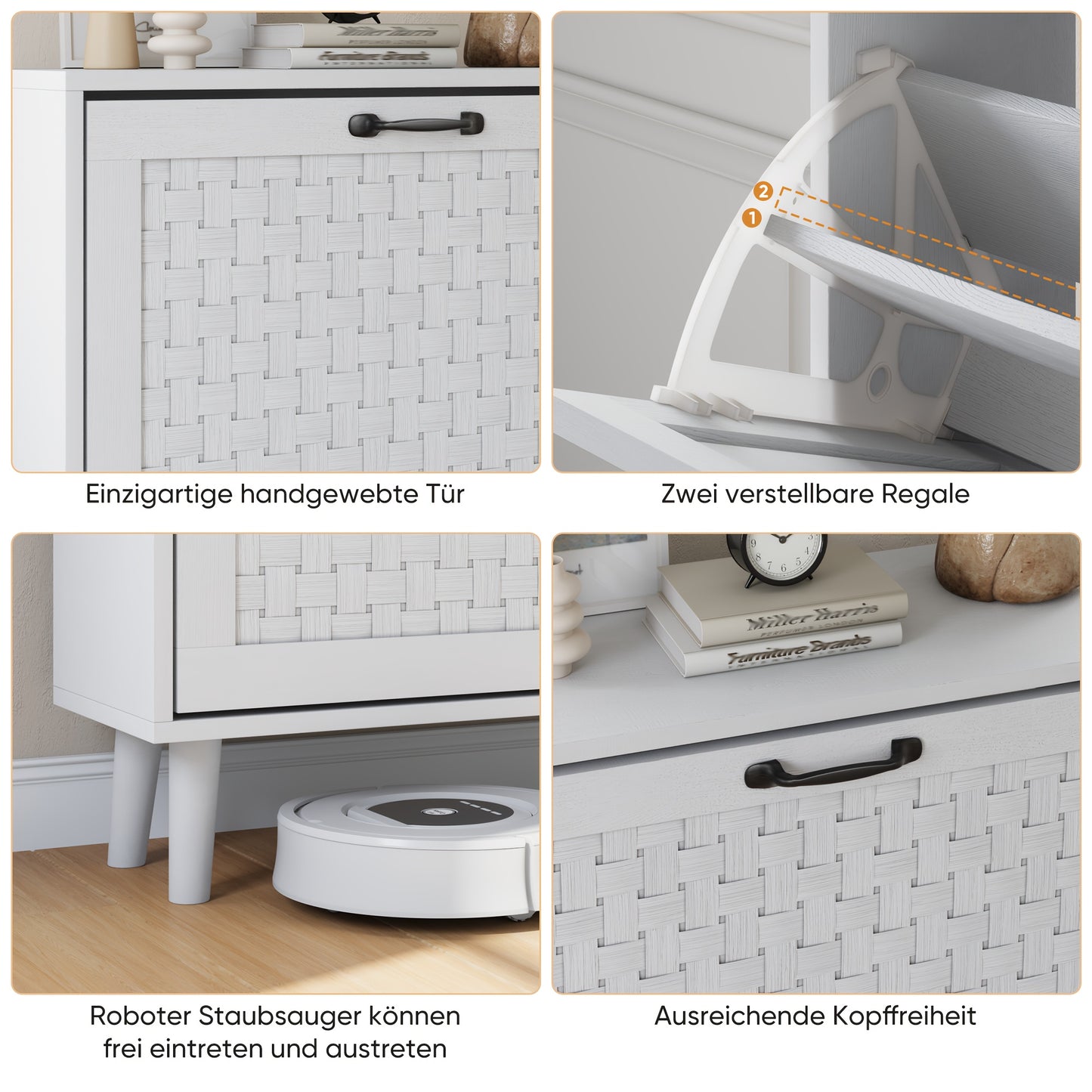 Schoenenkast – Schoenenrek – Schoenenbank – Hal Organizer – Opbergkast – Handgemaakte Rieten Lades – Massief Houten Poten – Compact Smal Ontwerp – MDF Wit