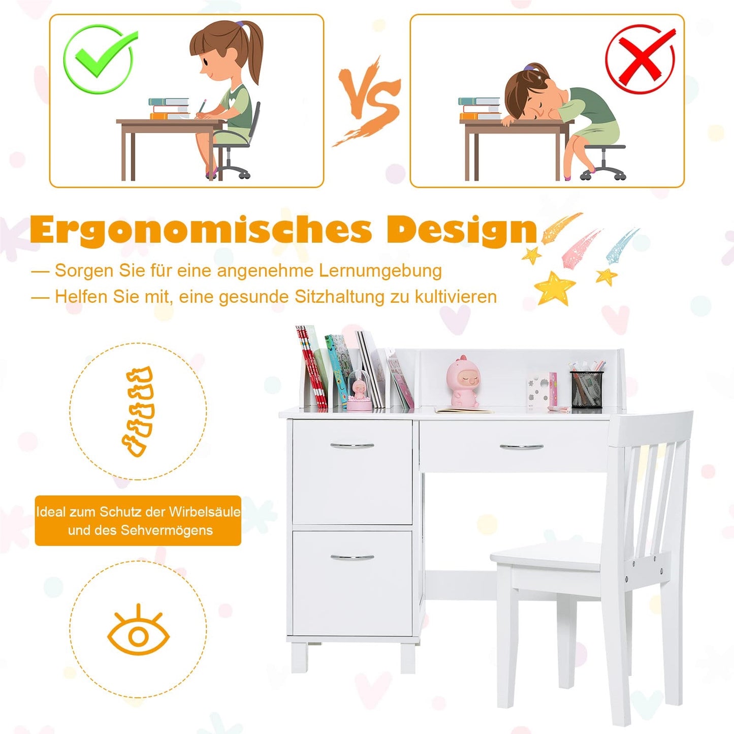 Kinderschrijfstoel – Kinderbureau – Studietafel – Tekenbureau – Kinderwerkplek – Met Opbergruimte & Lade – Ergonomische Rugleuning – MDF Wit