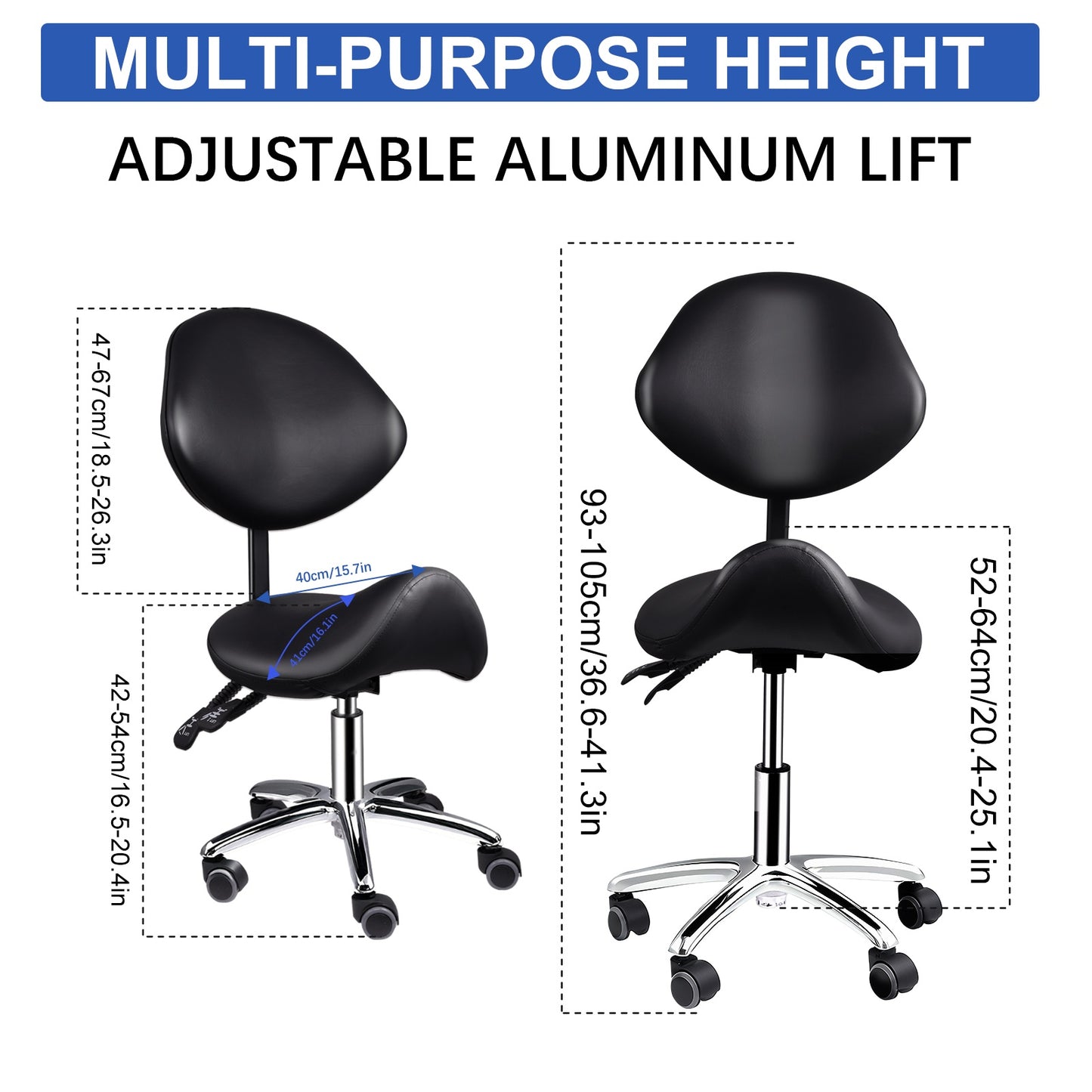 Werkkruk Zadelkruk Kruk Met Wieltjes Salonkruk Verstelbare Zadelstoel – Ergonomisch Zadelontwerp – Verstelbare Hoogte 52-68 cm – Stevige Zwenkwieltjes – Zwart/Wit