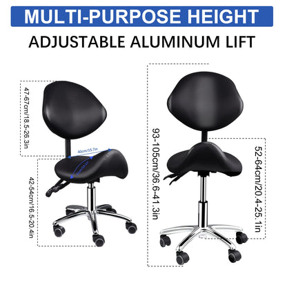 Werkkruk Zadelkruk Kruk Met Wieltjes Salonkruk Verstelbare Zadelstoel – Ergonomisch Zadelontwerp – Verstelbare Hoogte 52-68 cm – Stevige Zwenkwieltjes – Zwart/Wit