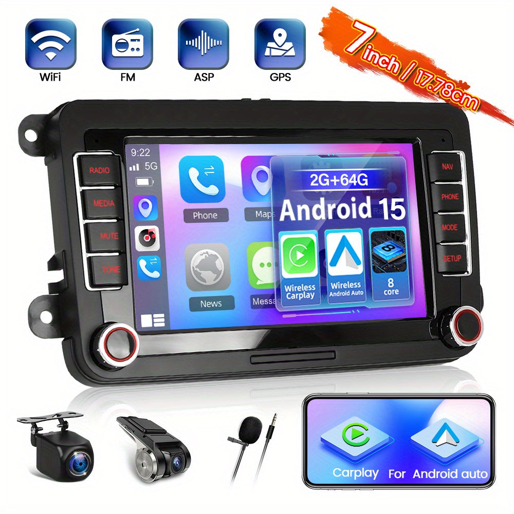 Android 15 Autoradio – Multimedia Systeem – Car Radio – Navigatie Systeem – Touchscreen Radio – 7 Inch HD Scherm – Draadloze CarPlay & Android Auto – GPS Navigatie + AHD Achteruitrijcamera