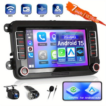 Android 15 Autoradio – Multimedia Systeem – Car Radio – Navigatie Systeem – Touchscreen Radio – 7 Inch HD Scherm – Draadloze CarPlay & Android Auto – GPS Navigatie + AHD Achteruitrijcamera