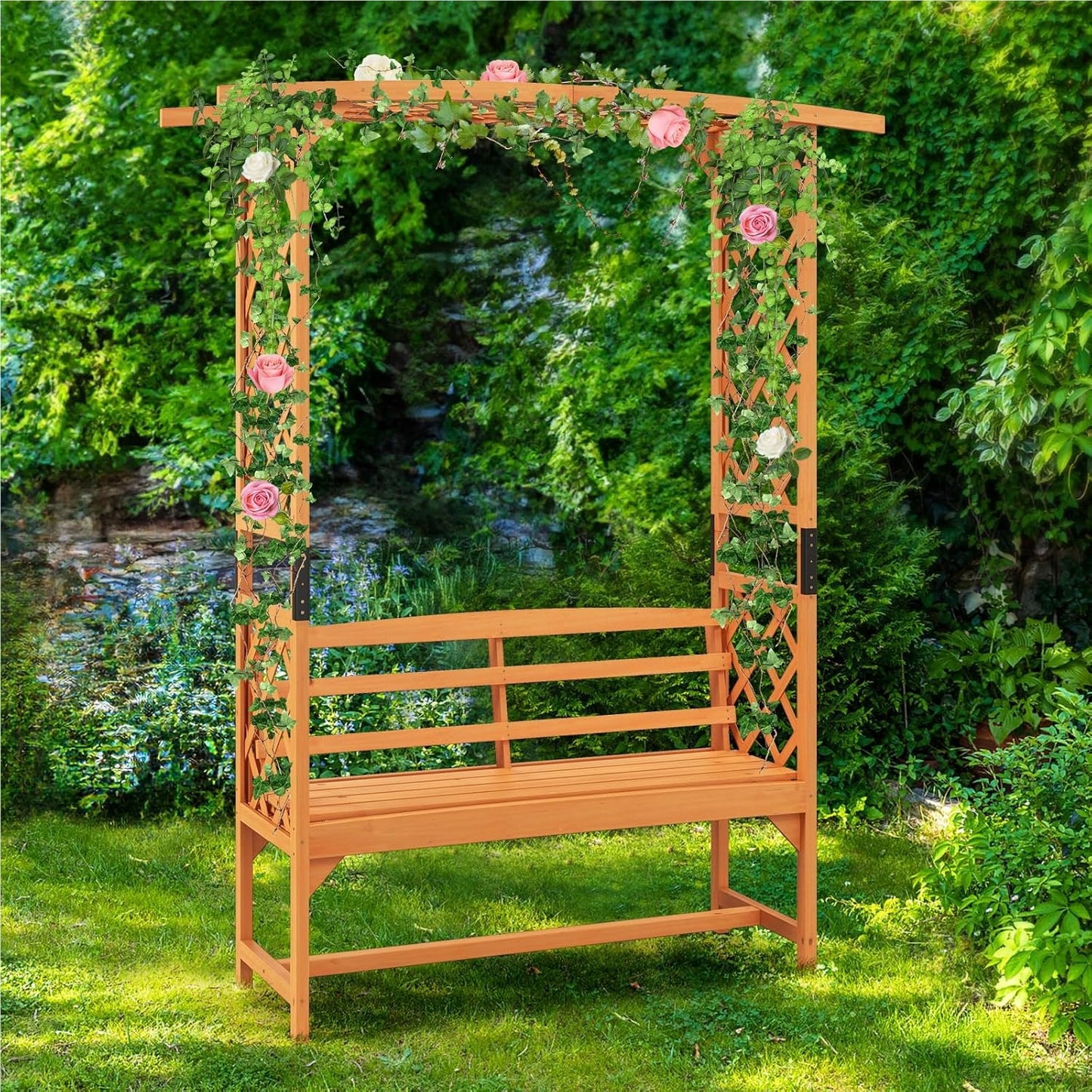 Rozenboog met Bank – Houten Tuinboog – Klimplantboog – Tuinbank met Klimrekken – Pergola Boog – Weerbestendig Hout – 160 x 50 x 199 cm