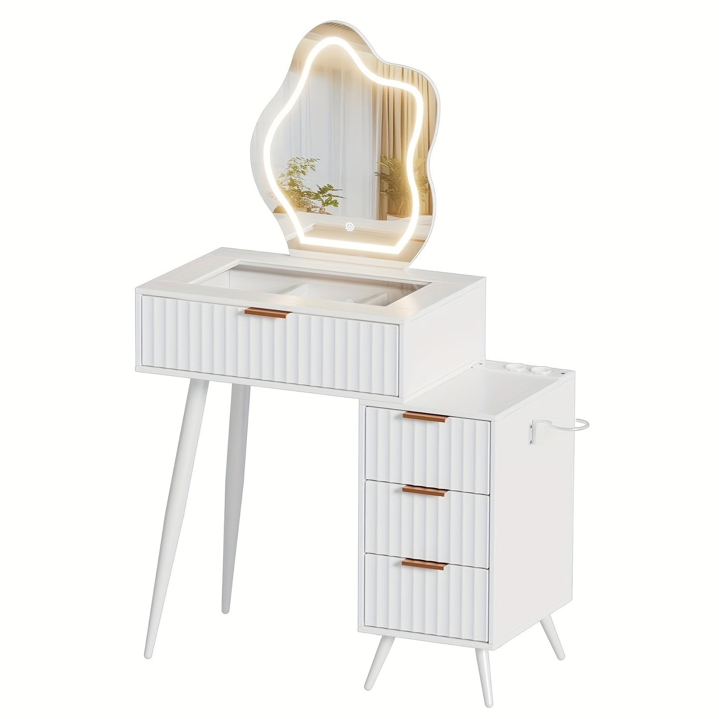 Kaptafel – Make-up Tafel – Opmaaktafel – Cosmeticatafel – Witte Kaptafel – Glazen Blad – 4 Lades – 80x40x128 cm