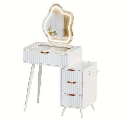 Kaptafel – Make-up Tafel – Opmaaktafel – Cosmeticatafel – Witte Kaptafel – Glazen Blad – 4 Lades – 80x40x128 cm