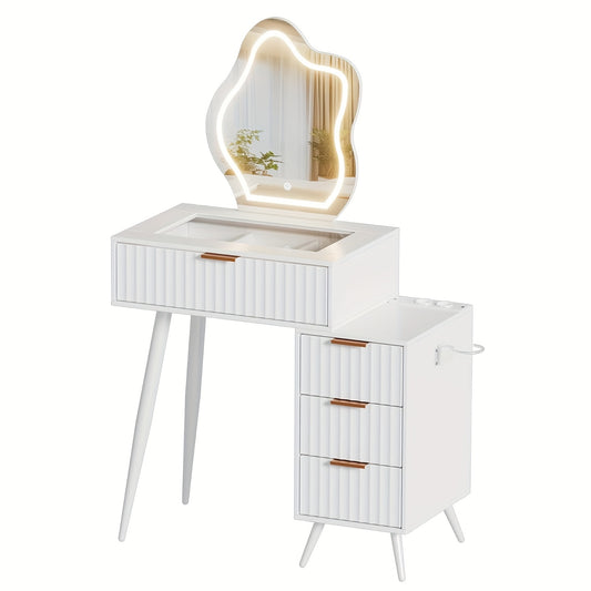 Kaptafel – Make-up Tafel – Opmaaktafel – Cosmeticatafel – Witte Kaptafel – Glazen Blad – 4 Lades – 80x40x128 cm