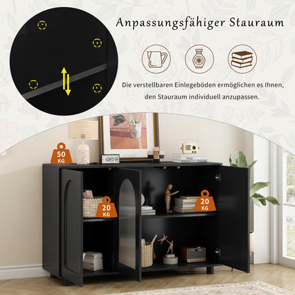 A Stylish And Black U-Shaped Storage Cabinet for The Entryway, Equipped with Compartments, Functioning As a Sideboard, And Showcasing Glass Doors Along with a Spring-Loaded Panel Design.