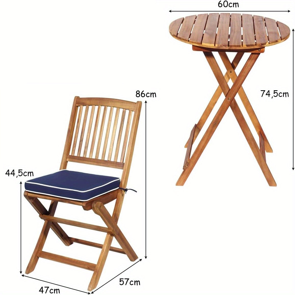 Balkontafelset – Balkonmeubelset – Bistroset – Tuinset – Tuintafelset – Inklapbaar – Acaciahout – Lichtblauwe kussens – Stevig en Compact