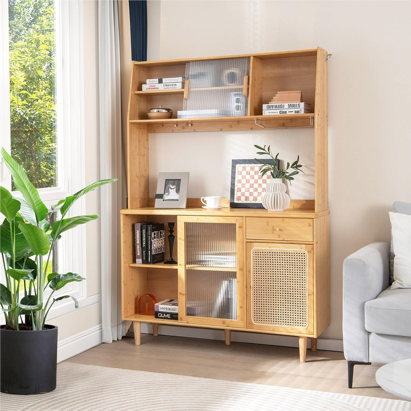 Buffetkast – Buffetkastje – Keukenkast – Opbergkast – Dressoir – Bamboe En Rattan – 120 cm Breed Werkblad – Schuifdeuren Met Glasrek
