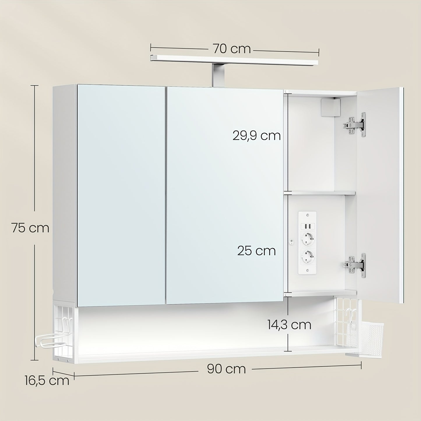 Badkamerkastje – Spiegelkast – Wandkast – Opbergkast – Badkamermeubel – Cloud White – 16,5 x 90 x 75 cm – Wandmontage – Drie Deuren Met Spiegel
