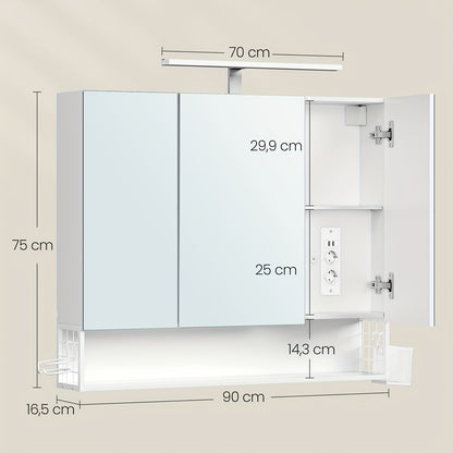 Badkamerkastje – Spiegelkast – Wandkast – Opbergkast – Badkamermeubel – Cloud White – 16,5 x 90 x 75 cm – Wandmontage – Drie Deuren Met Spiegel