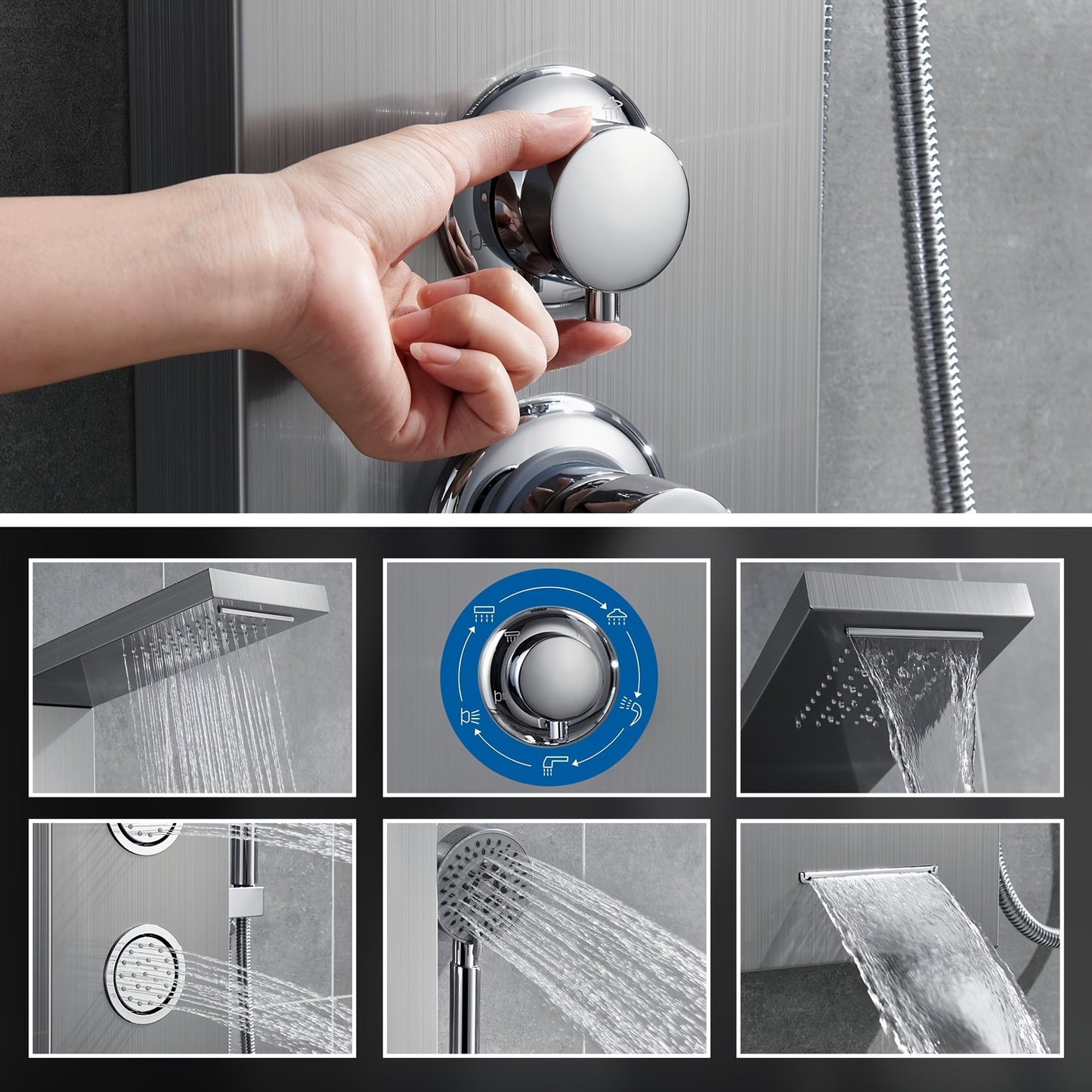 Douchesysteem – Doucheset – Regenkraan – Handdouche – Bodyjets – Zwart – Thermostatisch Mengventiel – Roestvrij Staal