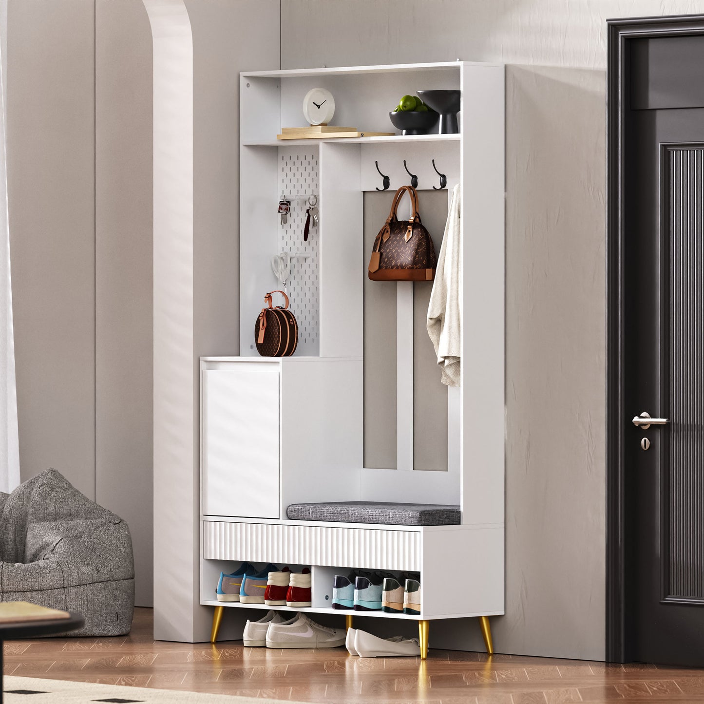 Garderobekast – Kapstok – Schoenenkast – Schoenbank – Halmeubel – 6-in-1 Multifunctioneel – MDF Wit – 100x35x180 cm – Anti-Kantel Veiligheid