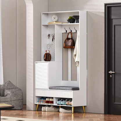 Garderobekast – Kapstok – Schoenenkast – Schoenbank – Halmeubel – 6-in-1 Multifunctioneel – MDF Wit – 100x35x180 cm – Anti-Kantel Veiligheid