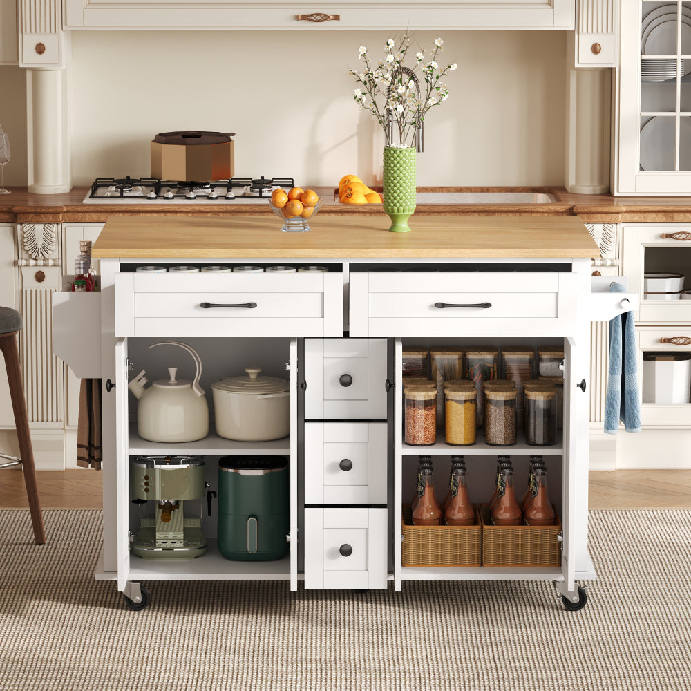 Multifunctional Kitchen Trolley with Foldable Worktop Extending to 120×65 cm | Features Five Drawers, Cupboards, Spice Rack, Towel Rail, Enclosed Storage, Metal Construction, Castors, Suitable for Kitchen Island in Kitchens,