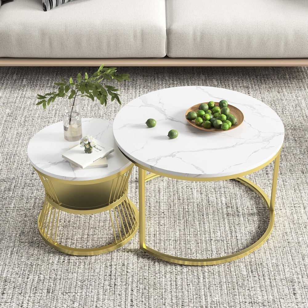 Ronde Salontafel Set – Bijzettafel – Nesting Tafels – Kleine Tafel – Laagbouw Tafels – Wit Goud – Marmerlook MDF Blad – Metaal Frame – Ruimtebesparend – Lichtgewicht