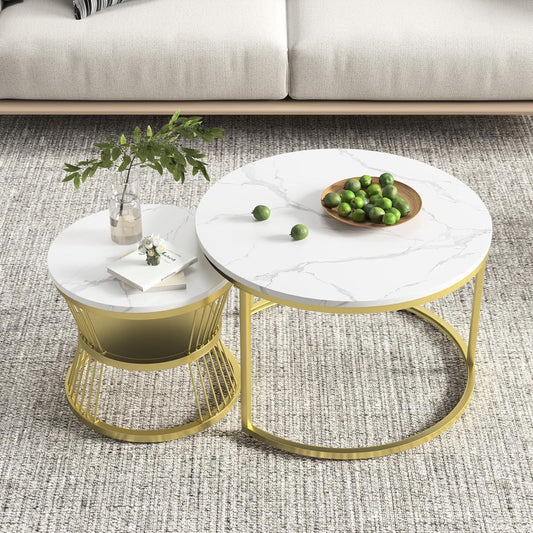 Ronde Salontafel Set – Bijzettafel – Nesting Tafels – Kleine Tafel – Laagbouw Tafels – Wit Goud – Marmerlook MDF Blad – Metaal Frame – Ruimtebesparend – Lichtgewicht